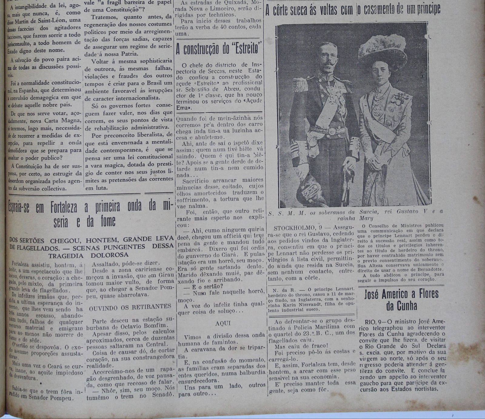 Metade inferior da capa: à esquerda 'Espraia-se em Fortaleza a primeira onda da miséria e da fome' com a reportagem sobre os flagelados; à direita, foto de gala