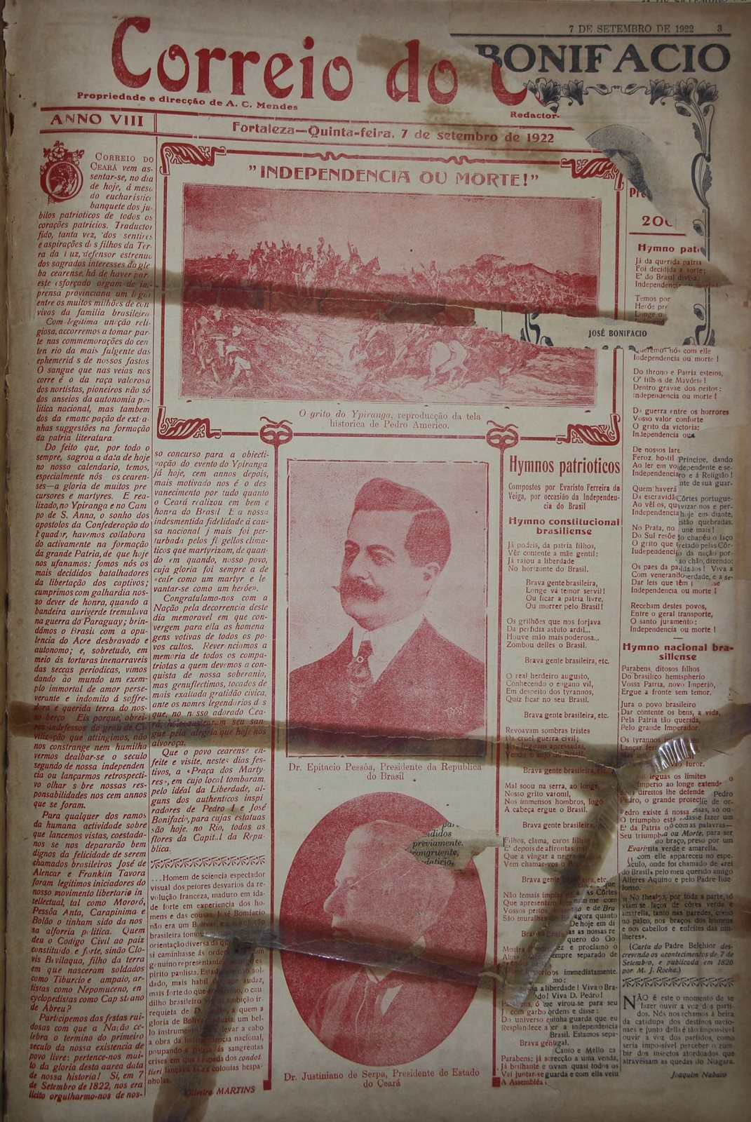 Primeira página do Correio do Ceará inteira em tinta vermelha: título "Independencia ou Morte!", reprodução do quadro de Pedro Américo, retratos de Epitácio Pes