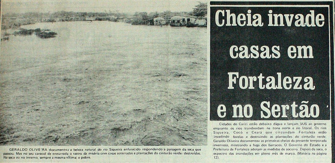O rio Siqueira transbordado sobre um terreno baixo, com casas ao fundo, ao lado da manchete de capa 'Cheia invade casas em Fortaleza e no Sertão'.
