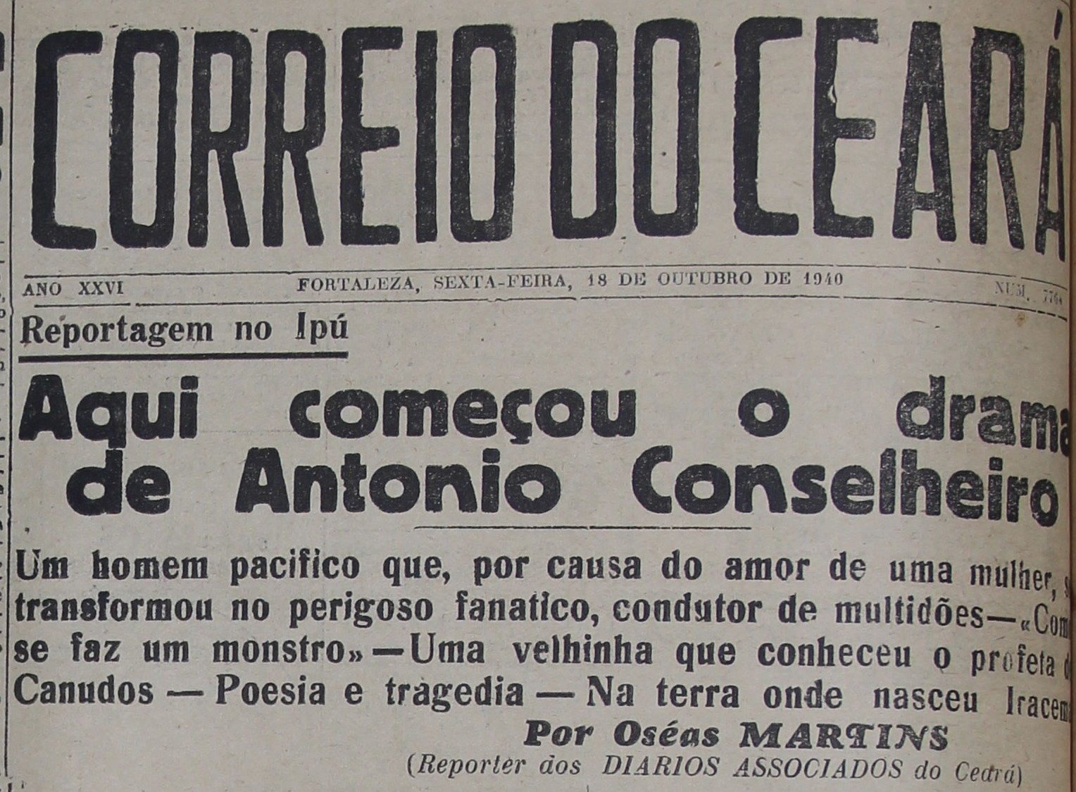 Capa do Correio do Ceará de 18 de outubro de 1940 com a reportagem de Oséas Martins