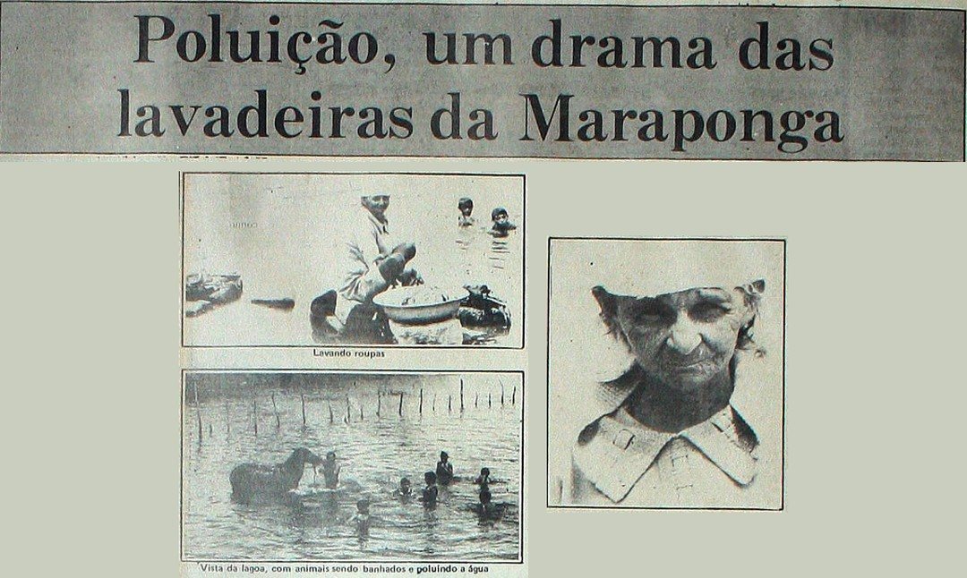 Manchete 'Poluição, um drama das lavadeiras da Maraponga', com uma lavadeira trabalhando na beira da lagoa, crianças e um cavalo dentro d'água, e o retrato de u