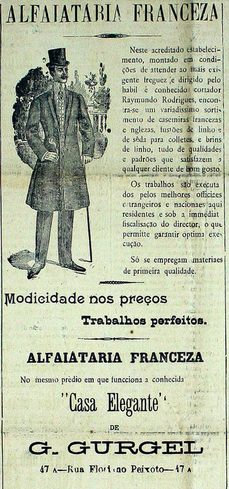 Ilustração de um homem elegante de cartola, sobrecasaca comprida, bengala e bigode fino, anunciando a 'Alfaiataria Franceza'