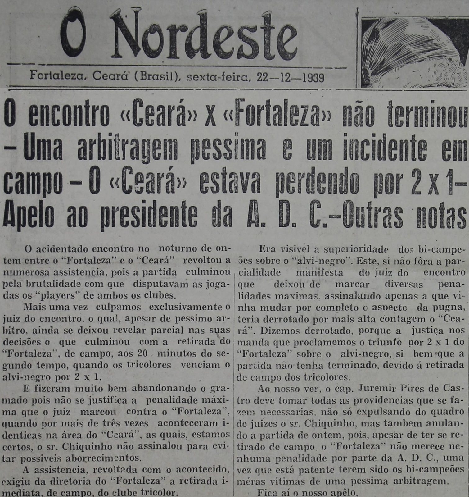 O Nordeste de 22 de dezembro de 1939