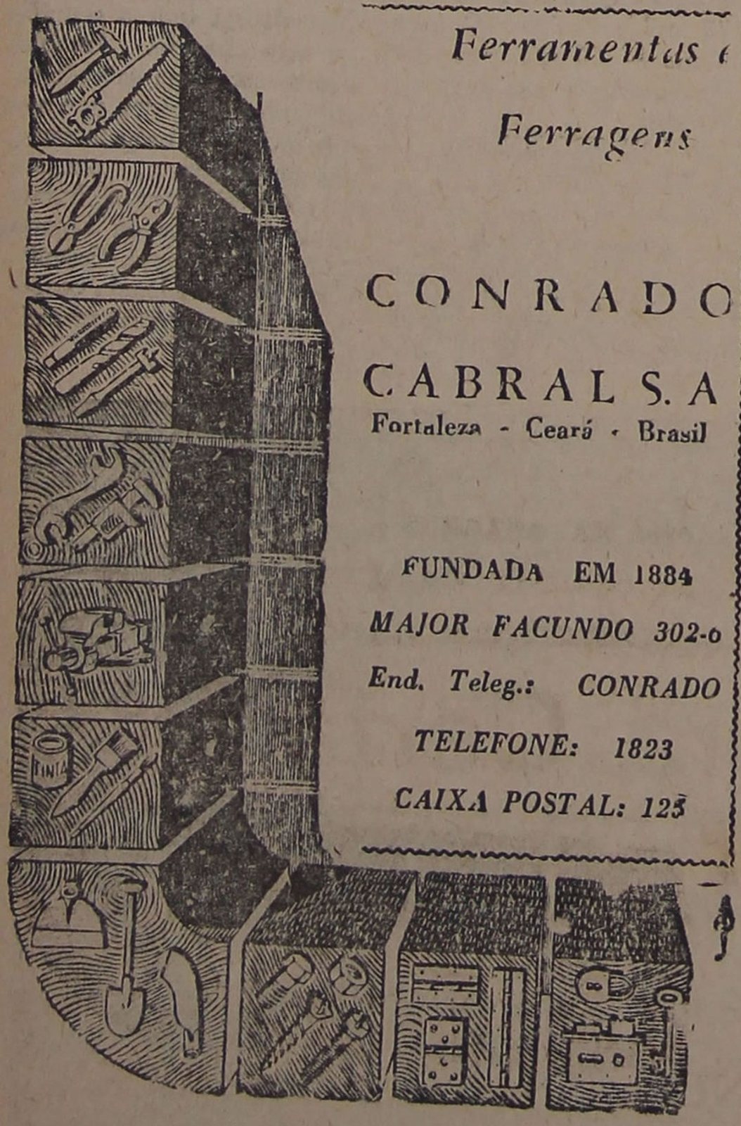 Desenho em traço entalhado de prateleiras em L cheias de ferramentas (serrote, alicate, chave inglesa, torno, lata de tinta, pá, parafusos, dobradiças, cadeado)