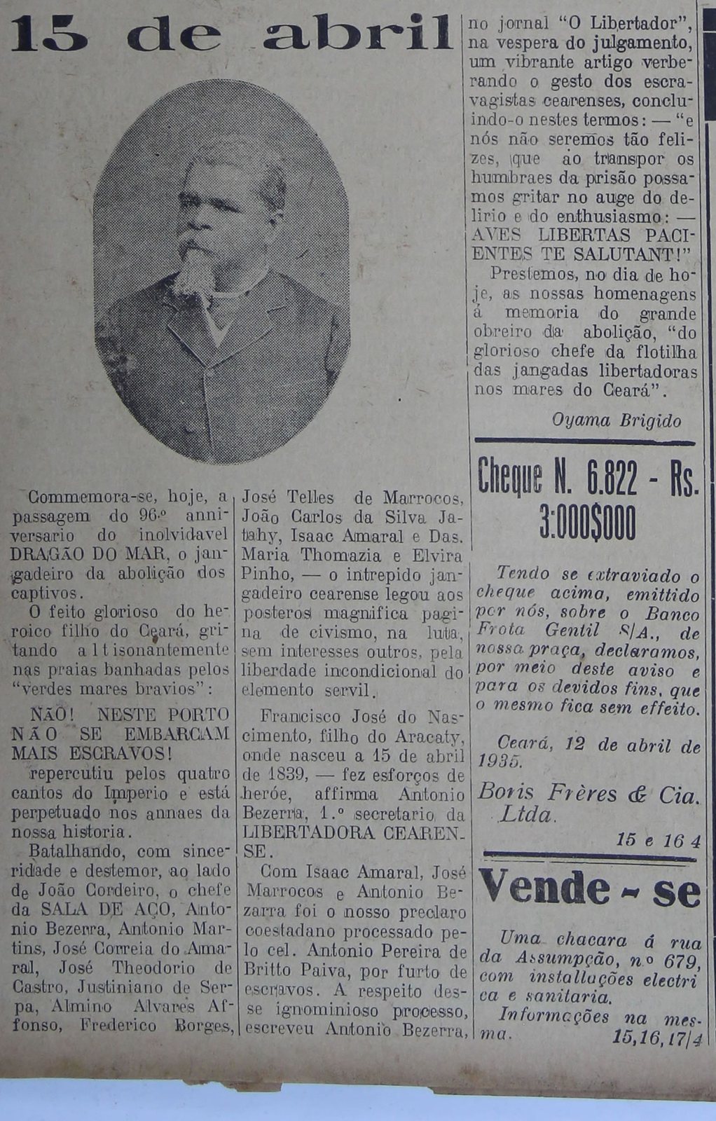 Retrato e texto de Oyama Brigido n'O Nordeste de 15 de abril de 1935