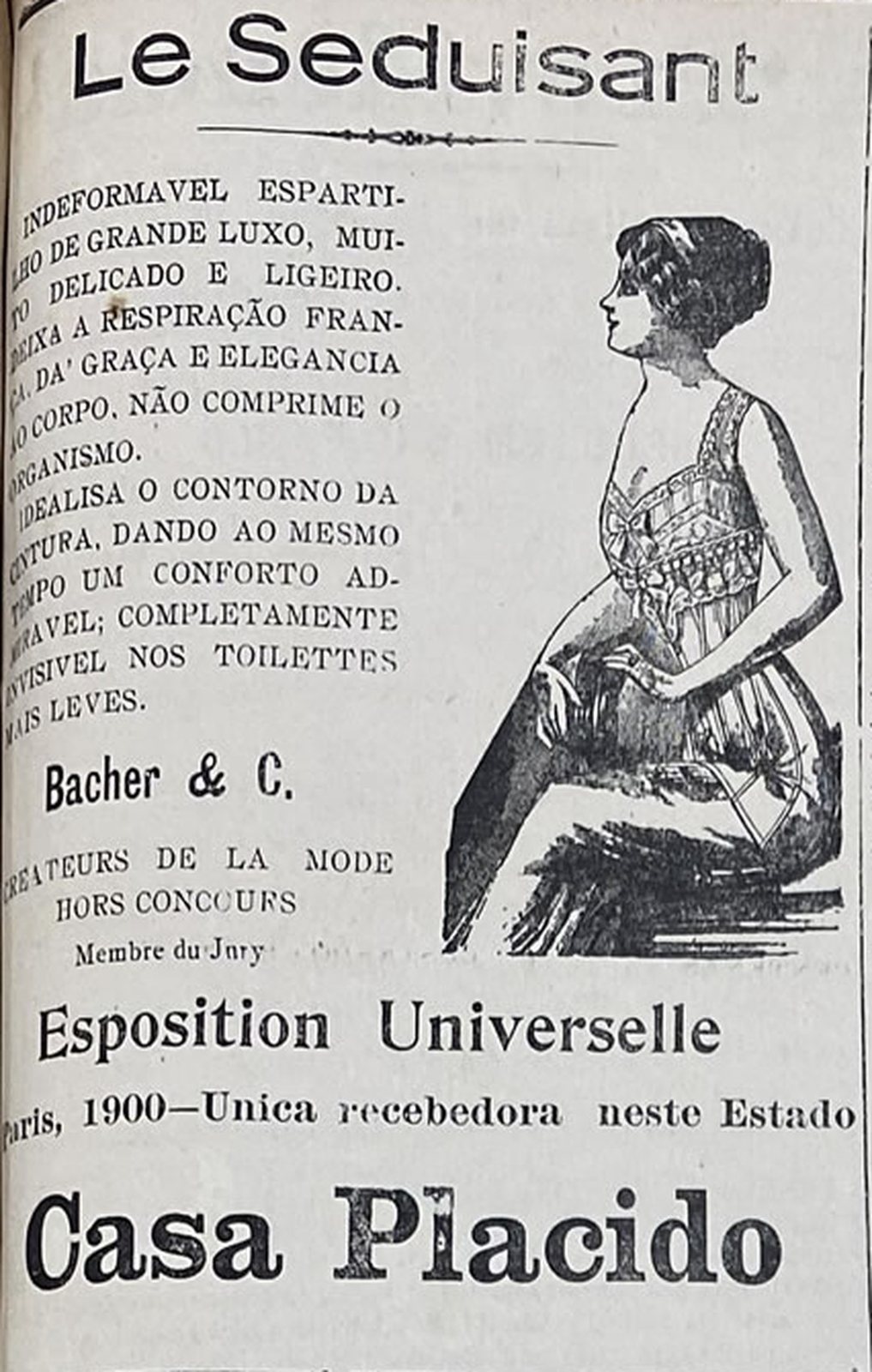 Ilustração de uma mulher sentada, de espartilho, no anúncio do "Le Seduisant", vendido com exclusividade pela Casa Placido.