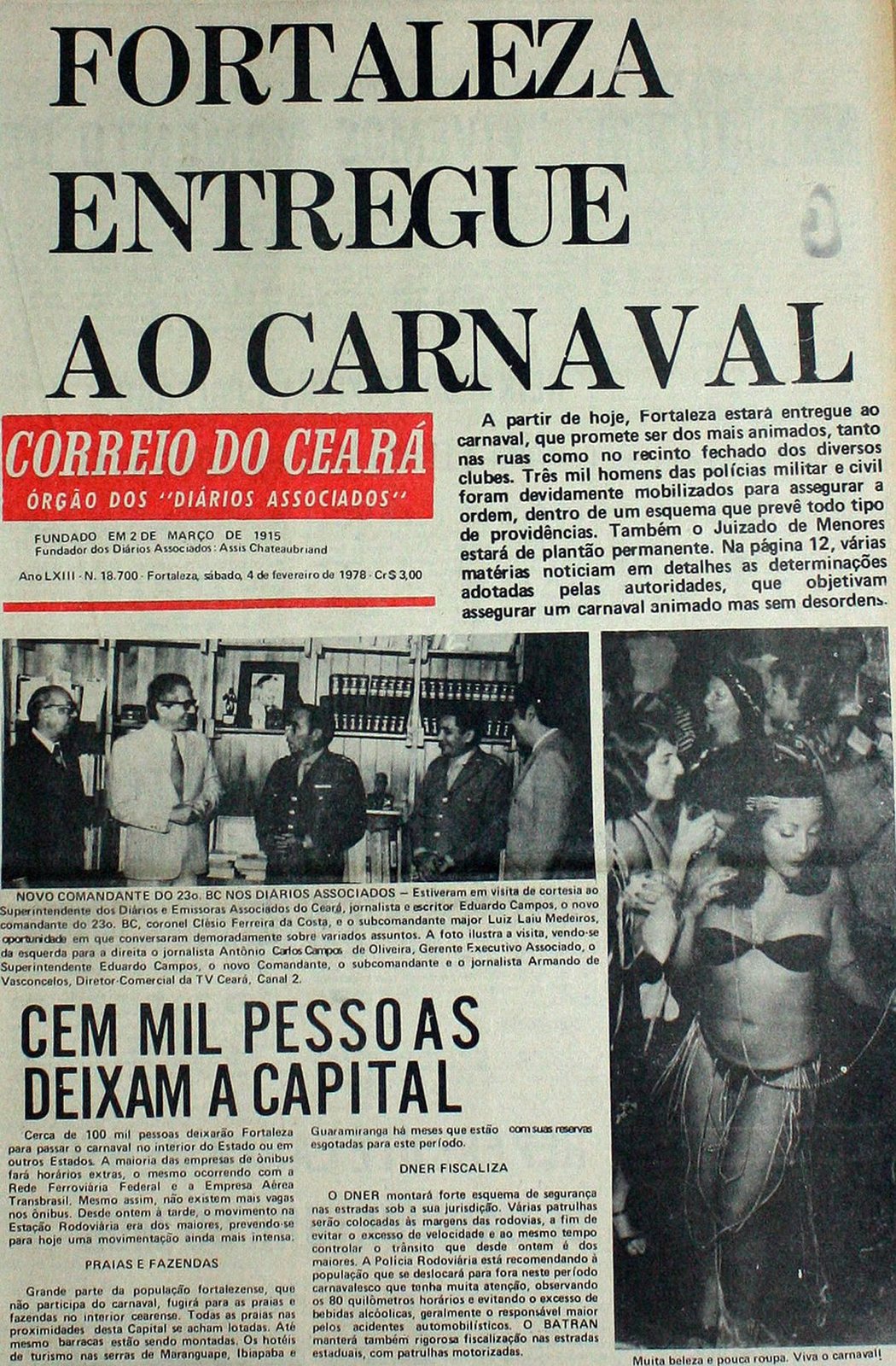 Capa do Correio do Ceará com a manchete 'Fortaleza entregue ao carnaval', a manchete 'Cem mil pessoas deixam a capital' e a foto de uma foliã num salão lotado,