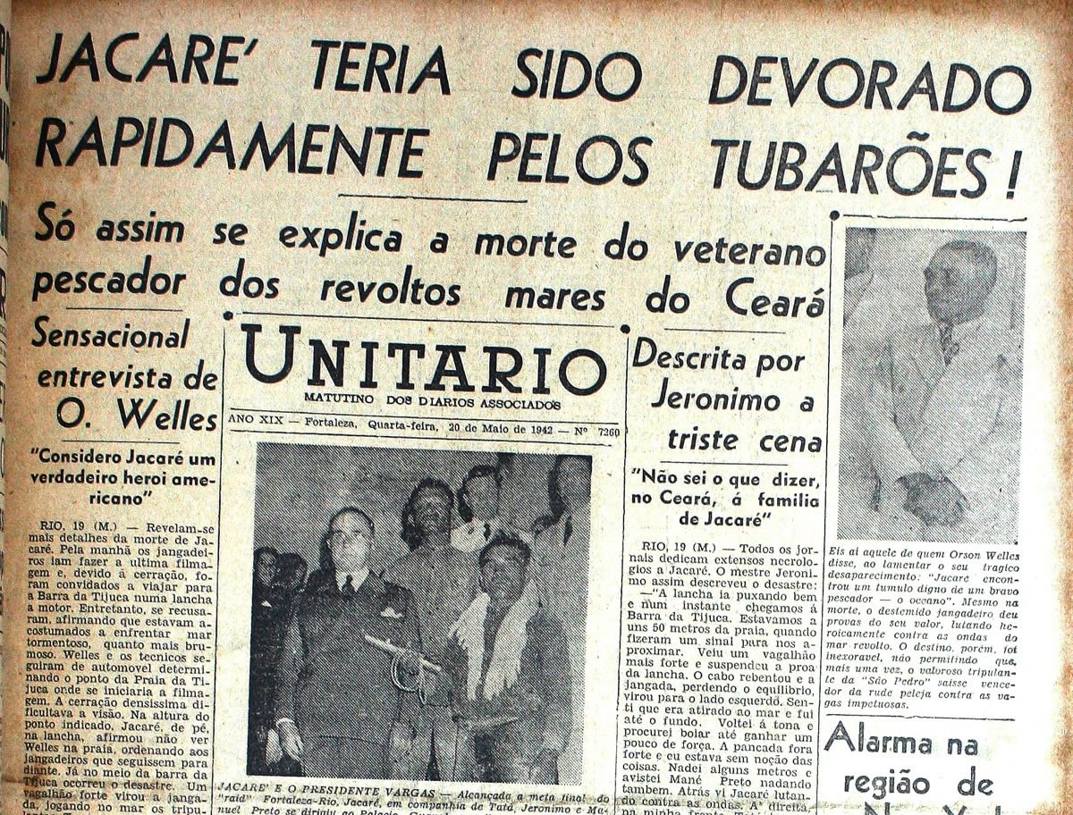 Capa do Unitário de 20 de maio de 1942, com o relato de Jerônimo, a entrevista de Orson Welles e a foto de Jacaré com Getúlio Vargas