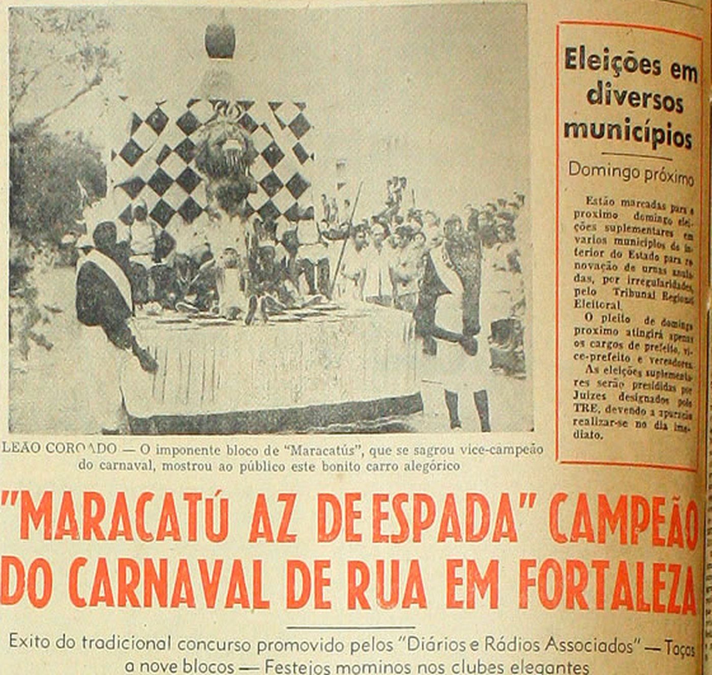 O carro alegórico do Leão Coroado e a manchete em vermelho