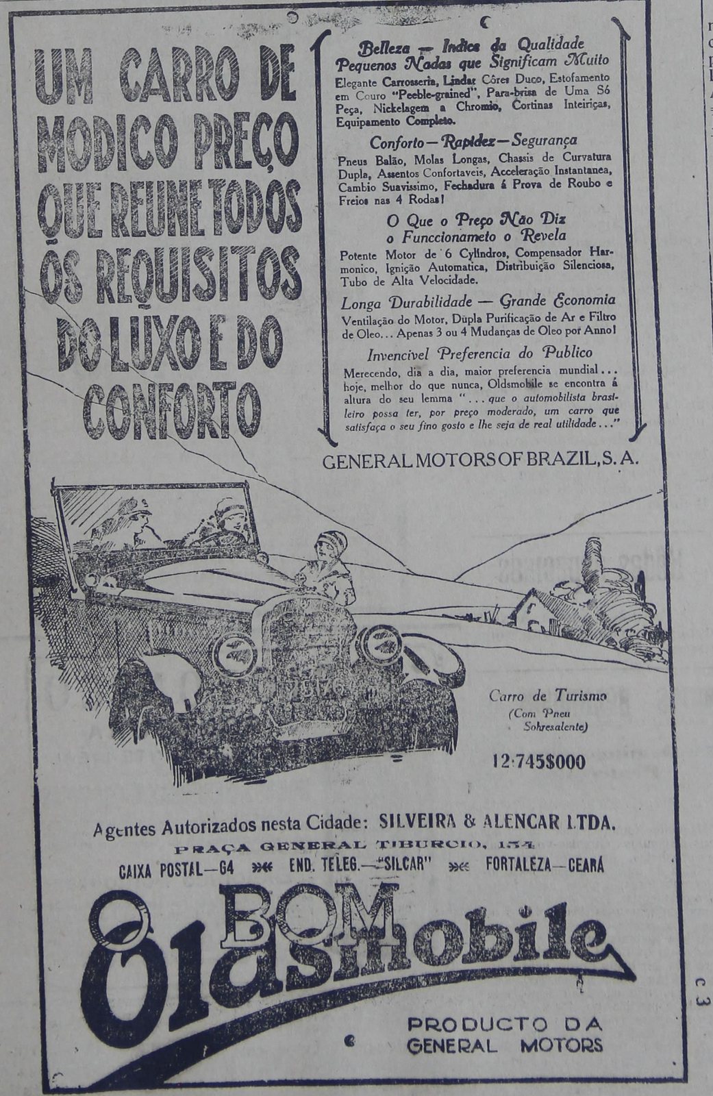 Anúncio da General Motors: 'Um carro de módico preço que reúne todos os requisitos do luxo e do conforto', desenho de um Oldsmobile de capota aberta com passage