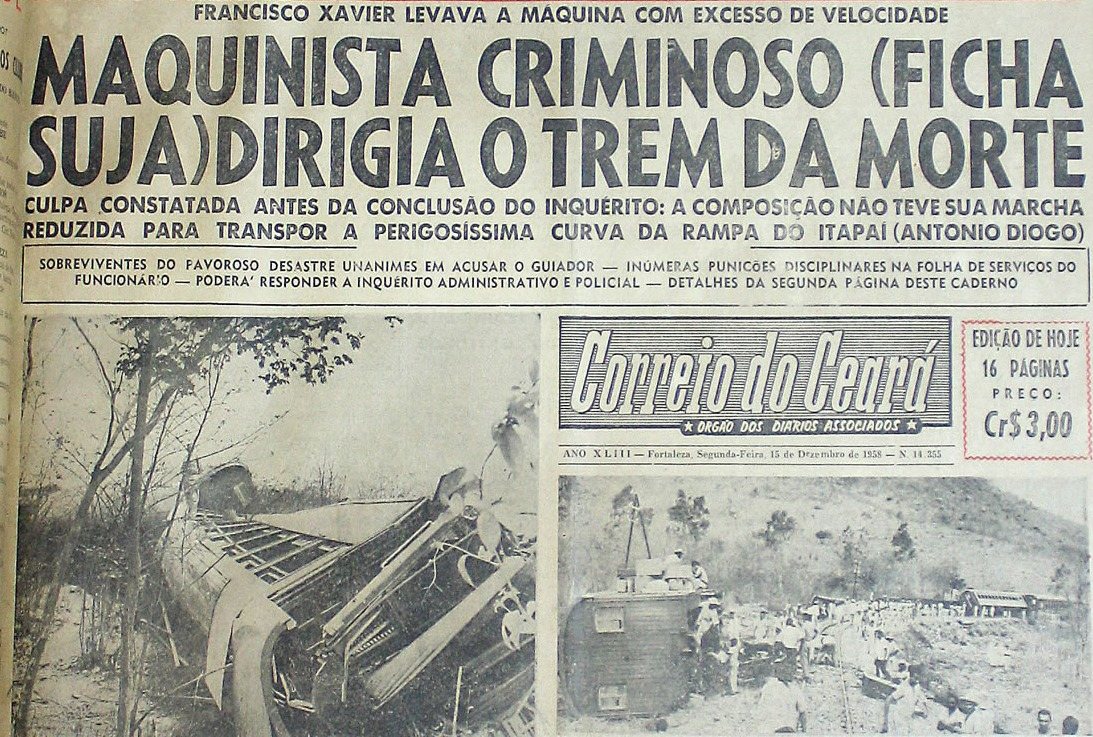 Alto da capa do Correio do Ceará de 15 de dezembro de 1958, com os vagões tombados